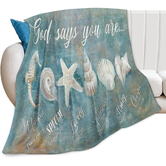 Ocean Nautical Seashells Blanket - God Says You Are - Soft Warm Cozy Fleece for Women, Women, men, Men - Ocean Gifts and Decor for Couch, Sofa, Bed - 50"x40"