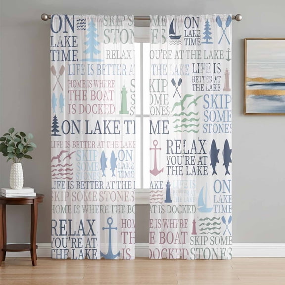 Ocean Nautical Sheer Curtains 84 Inch Length 2 Panels Set for Living Room/Bedroom, Rustic Anchors Fish Oars Lighthouses Semi Curtain Sheers Drapes Rod Pocket Curtains Window Treatment Set 52''x84''x2