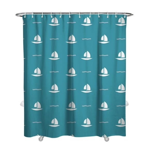Ocean Nautical Shower Curtain, Anchor, Boat, Lighthouse, Marine Waves, Coastal Seaside and Sailing Vessel Design with Compass, Map, and Coral Pattern, Waterproof 72x84 Curtain