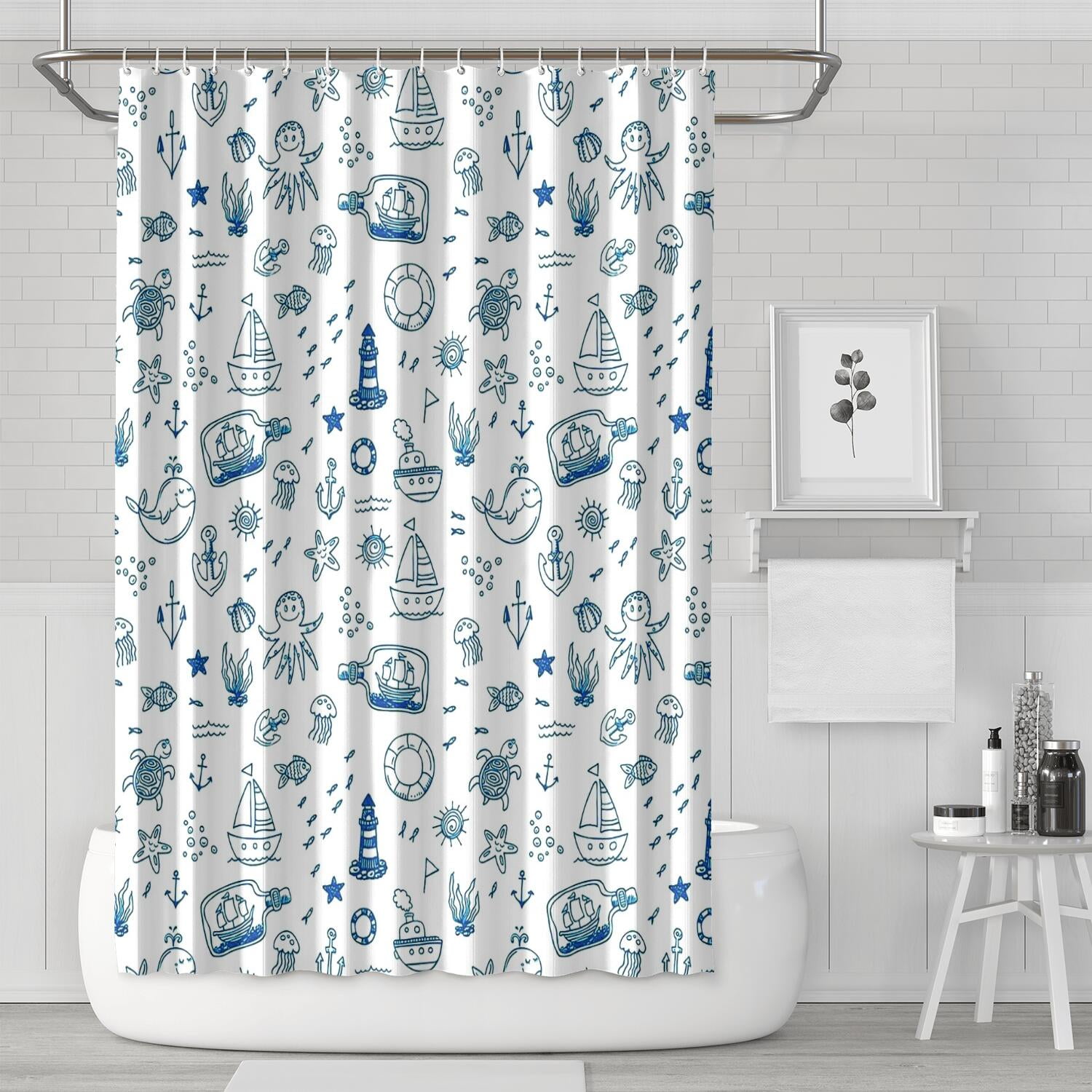 Ocean Nautical Shower Curtain Featuring Anchor, Boat, Helm, Rudder ...