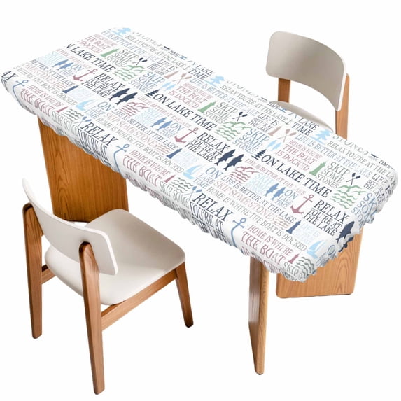 Ocean Nautical Table Cloths for 8 Foot Rectangle Tables, Rustic Anchors Fish Oars Lighthouses Patio Waterproof Elastic Fitted Tablecloths, Washable Rectangular Table Cover for Camping