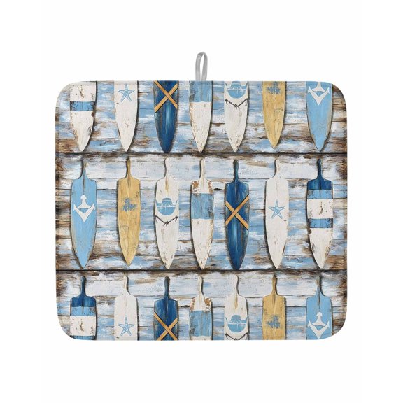 Ocean Nautical Theme Wood Grain Dish Drying Mats for Kitchen Counter,Absorbent Microfiber Dish Drainer Rack Mat Summer Retro Marine Theme Drying Pad for Sinks,Utensils,Countertops,16x18in