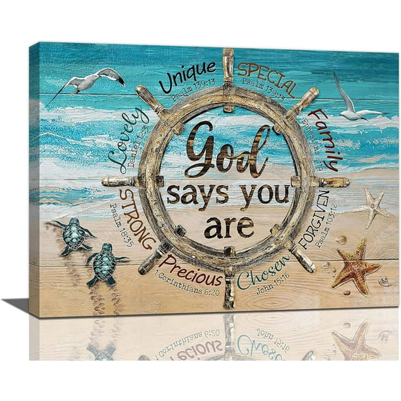 Ocean Nautical Wall Art Coastal Beach Rudder Canvas Wall Decor God Says You Are Quotes Sea Turtle Pictures Painting Print Artwork Framed for Living Room Bedroom Bathroom 12"x16"