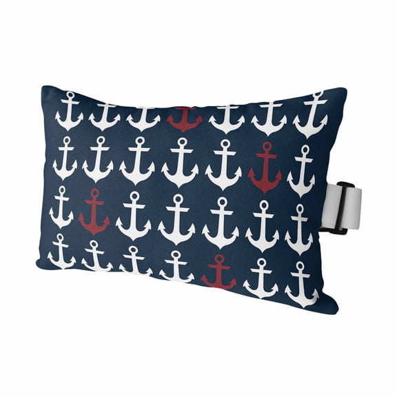 Ocean Nautical White and Red Ship's Anchor Outdoor Pillow for Chaise Lounge Chair,Dark Blue Waterproof Headrest Lumbar Pillows with Insert&Elastic Strap for Patio Pool Garden Chairs Decor,1 Pack