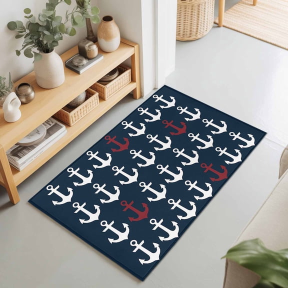 Ocean Nautical White and Red Ship's Anchor Rectangle Area Rug 2x3ft,Living Room Rug Non-Slip Washable Circle Rugs Pad,Dark Blue Soft Floor Carpet for Bedroom Dining Room