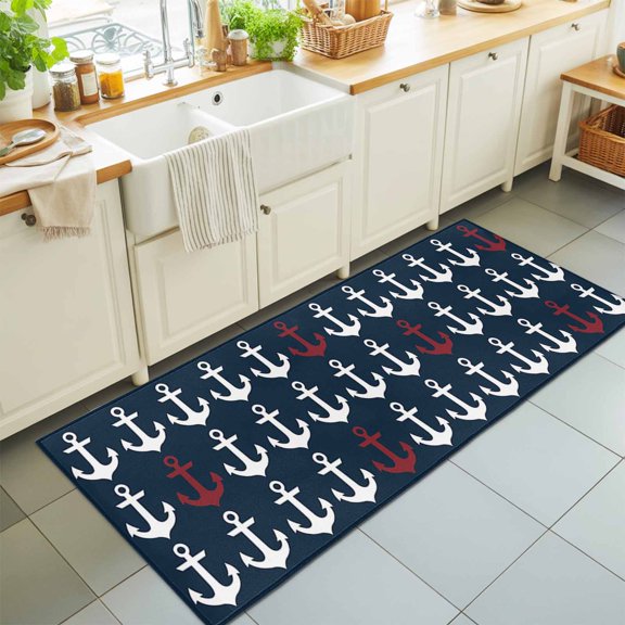 Ocean Nautical White and Red Ship's Anchor Rectangle Area Rug 2x6ft,Living Room Rug Non-Slip Washable Circle Rugs Pad,Dark Blue Soft Floor Carpet for Bedroom Dining Room