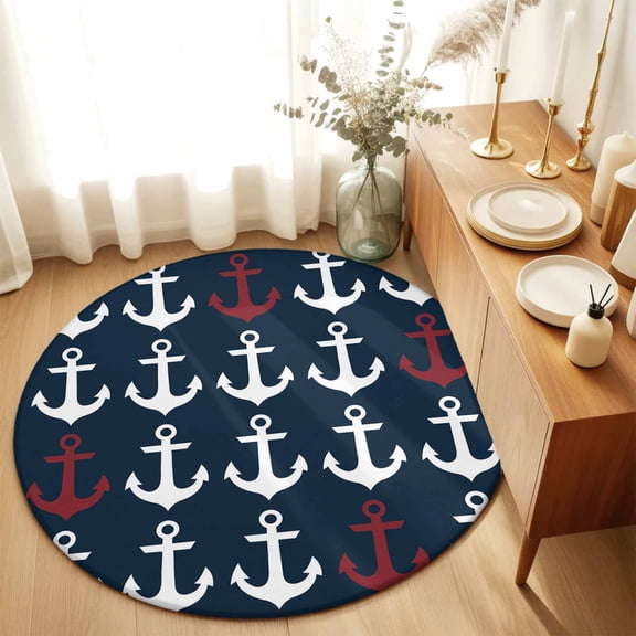 Ocean Nautical White and Red Ship's Anchor Round Rug 3ft Dark Blue Washable Area Rugs for Living Room Bedroom Entryway Non Slip Entrance Door Mat Indoor Floor Carpet