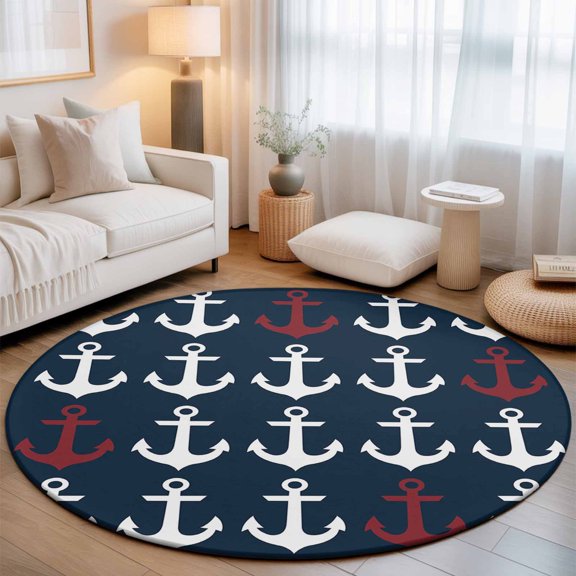 Ocean Nautical White and Red Ship's Anchor Round Rug 5ft Dark Blue Washable Area Rugs for Living Room Bedroom Entryway Non Slip Entrance Door Mat Indoor Floor Carpet