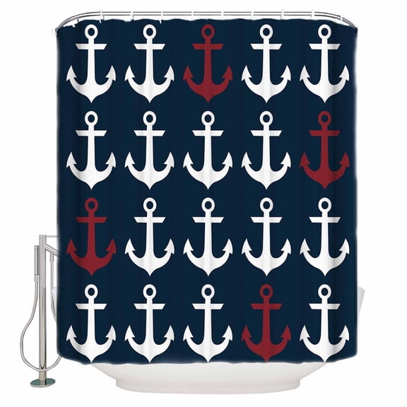 Ocean Nautical White and Red Ship's Anchor Shower Curtain for Bathroom, Dark Blue Waterproof Shower Curtains Washable Quick Dry with Hooks Bathtub Curtains 60x72 IN