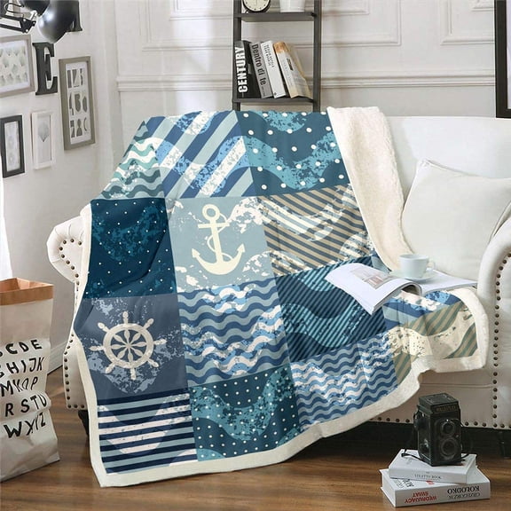 Ocean Nautical flannel Throw Blanket Geometric Grid Stripes Sherpa Blanket Anchor Rudder Sea Wave Plush Blanket Soft Cozy Fuzzy Blanket for Sofa Bed Couch,30" x 40"