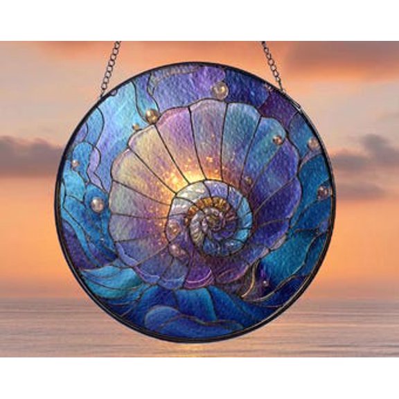 Ocean Nautilus Shell Glass Suncatcher Round Window Hanging, 3.5 in