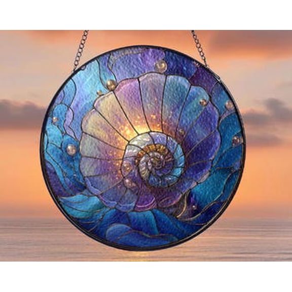 Ocean Nautilus Shell Glass Suncatcher Round Window Hanging, 7.9 in