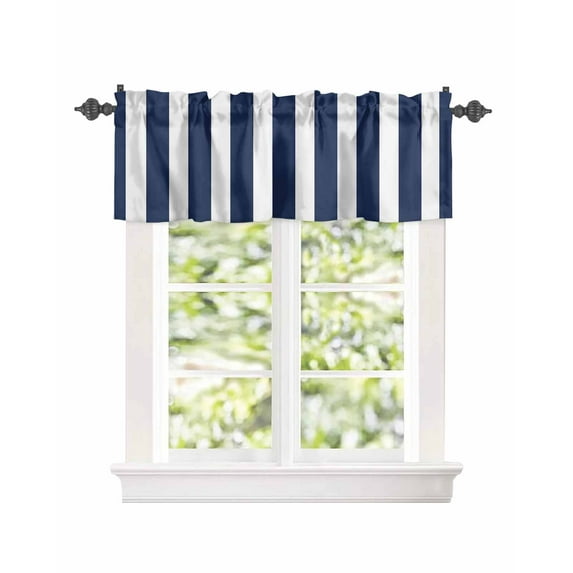 Ocean Navy Blue White Stripes Window Valances for Kitchen,Rod Pocket Valance Privacy Small Curtain,Nautical Theme Window Treatment Drapes for Bedroom Laundry Room Farmhouse Home Decor 42x12in