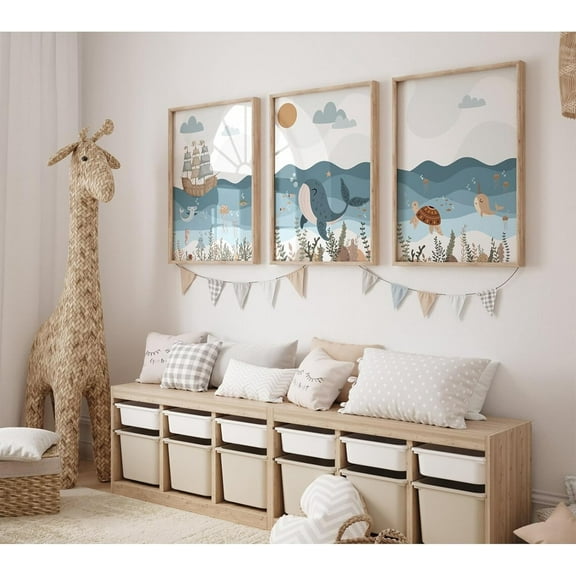Ocean Nursery Wall Art Pictures Blue Nautical Canvas Art Beach Animal Wall Decor Baby Boys Room Wall Art Sea Whale Prints Ocean Nautical Poster for Nursery Baby Room 12x16 Inch Set of 3 Framed