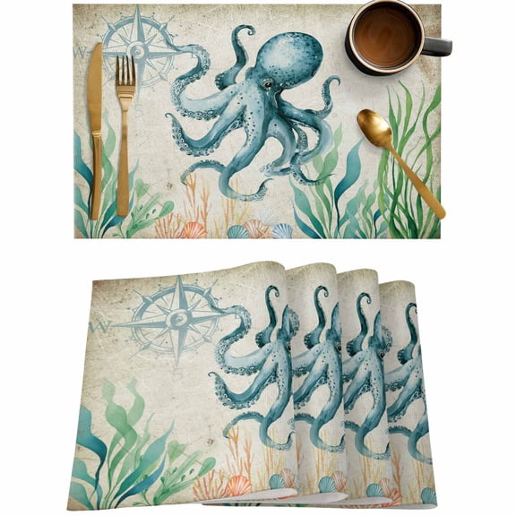 Ocean Octopu Nautical Compass Placemats Set of 4,Wipeable Washable Table Mats for Dining Tables,Vintage Starfish Shell Coral Place Mats for Kitchen Event Party Tabletop Decor