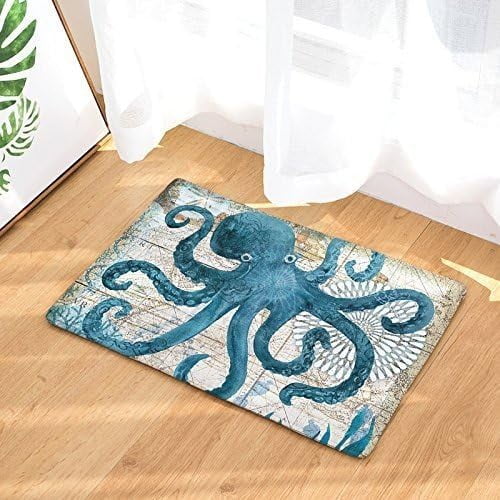 Ocean Octopus Bath Mat Non Slip Watercolor Sea World Animal Home Bathroom Bath Shower Bedroom Mat Toilet Floor Door Mat Rug Carpet Pad Doormat(18X30IN)