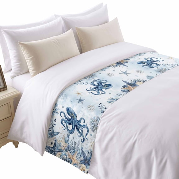 Ocean Octopus Bed Runner for Queen Size Bed, Blue Yellow Sea Star Shell Coral Gradient Blue Soft Bedding Scarf Bedding Protector Slipcover Sofa Throw for Bedroom Hotel Guesthouse