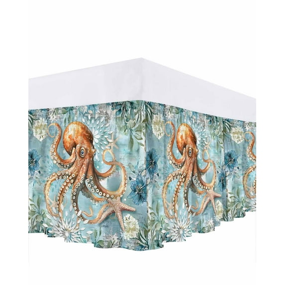 Ocean Octopus Bed Skirt California King Size 18" Drop Retro Blue Nautical Starfish Sealife Ruffled Wrap Around Bed Skirts Adjustable Elastic Bedskirt Dust Ruffle for California King Size Bed