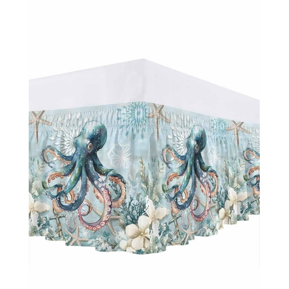 Ocean Octopus Bed Skirt California King Size 18" Drop Starfish Coral Flower Blue Theme Ruffled Wrap Around Bed Skirts Adjustable Elastic Bedskirt Dust Ruffle for California King Size Bed