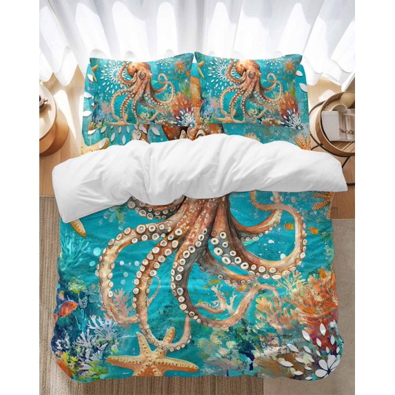 Ocean Octopus Bedding Duvet Cover Set Queen Size 4 Pieces Marine Life Coral Starfish Retro Bedding Set with Zipper Closure, 1 Comforter Cover 90x92 Inches 1 Flat Sheet & 2 Pillow Cases