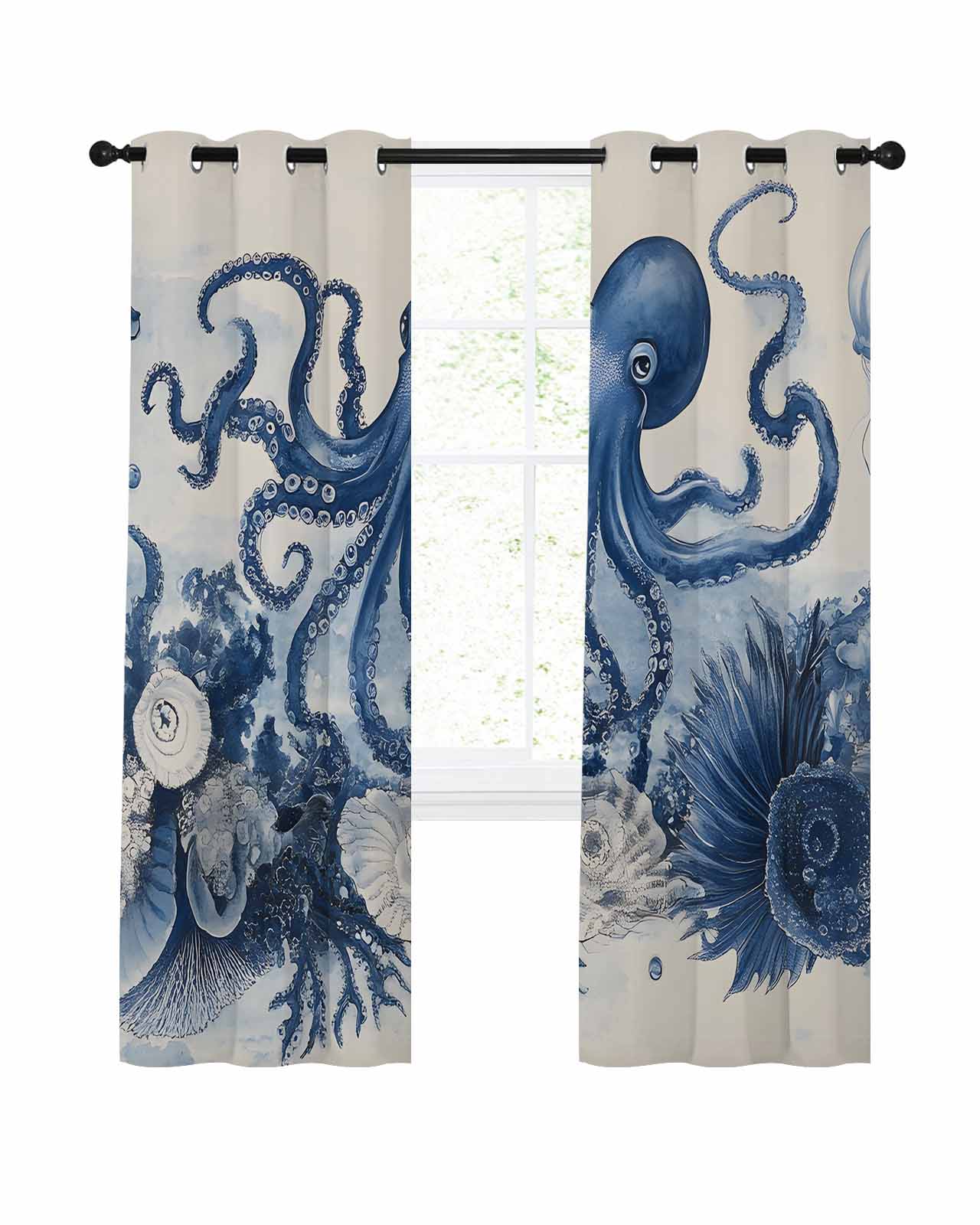 Ocean Octopus Blackout Curtains 63 Inch Length Retro Nautical Coastal ...