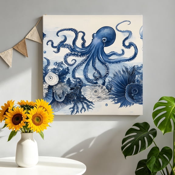 Ocean Octopus Canvas Wall Art, Retro Nautical Coastal Sea Octopus Coral Seashell Bubble Pictures Wall Decor Wooden Framed Artwork Art Prints for Living Room Hallway Bedroom Office 10"x10"