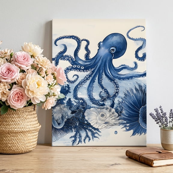Ocean Octopus Canvas Wall Art, Retro Nautical Coastal Sea Octopus Coral Seashell Bubble Pictures Wall Decor Wooden Framed Artwork Art Prints for Living Room Hallway Bedroom Office 8"x12"