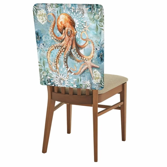 Ocean Octopus Chair Back Covers Set of 1, Retro Blue Nautical Starfish Sealife Stretch Dining Chair Back Slipcovers Removable Seat Cover for Kitchen Restaurant Hotel Cafe