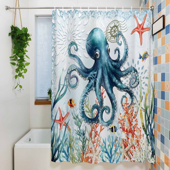 Ocean Octopus Coral Starfish Shower Curtain for Bathroom, Sea Monster Blue Underwater World Waterproof Shower Curtains Washable Quick Dry with Hooks Bathtub Curtains 72x72IN