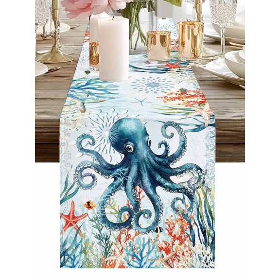 Ocean Octopus Coral Starfish Table Runner-36 Inch Long Sea Monster Blue Underwater World Table Runners Linen Burlap Tablerunner for Kitchen Dining Room Holiday Party