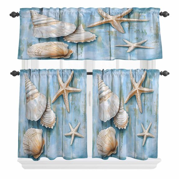 Ocean Octopus Curtain Valances Set Starfish Vintage Coral Abstract Art Kitchen Curtains 24 inch Length Rod Pocket Valance and Tiers 3 Piece Set Small Bedroom Bathroom Laundry Decor