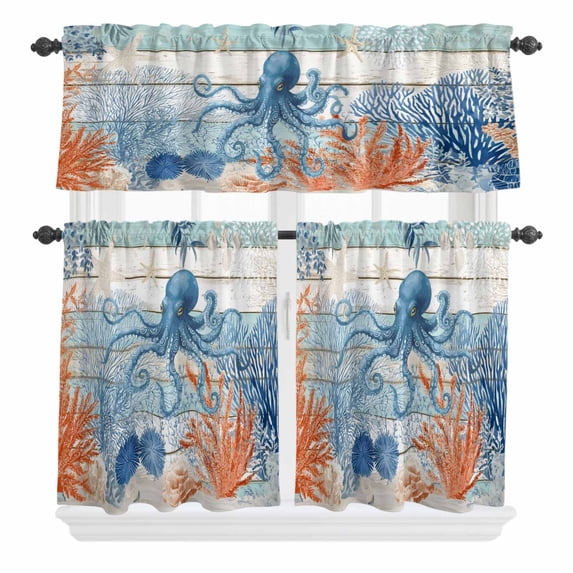 Ocean Octopus Curtain Valances Set Summer Orange Blue Sea Animal Corals Rustic Linen Kitchen Curtains 24 inch Length Rod Pocket Valance and Tiers 3 Piece Set Small Bedroom Bathroom Laundry Decor
