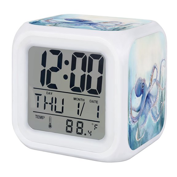 Ocean Octopus Digital Alarm Clock for Bedrooms, Smart LED Alarm Clock with 7 Color Changing Night Light, Coastal Seagrass Blue Nautical Seaweed Silent Wake Up Clocks for Sleep Study Cooking 3.2"x3.2"