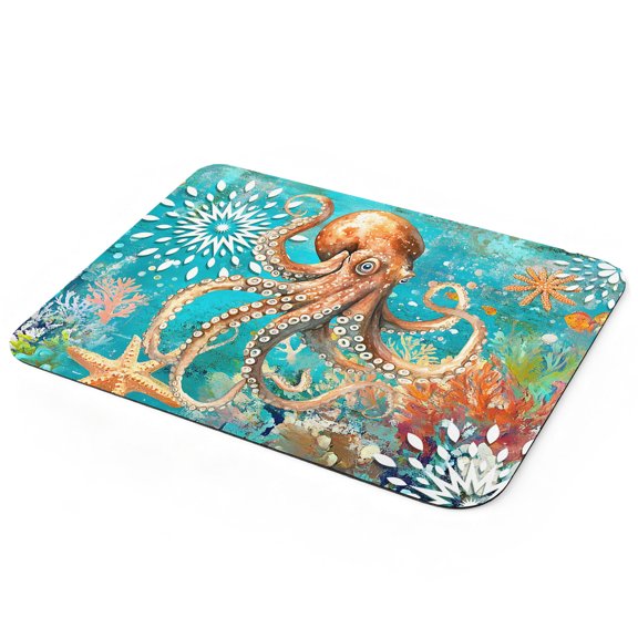 Ocean Octopus Dish Drying Mat for Kitchen Counter, Marine Life Coral Starfish Retro Super Absorbent Draining Mat Rubber Backing Dish Rack Pad for Dishes, Coffee Bar, Sinks, 12"x16"