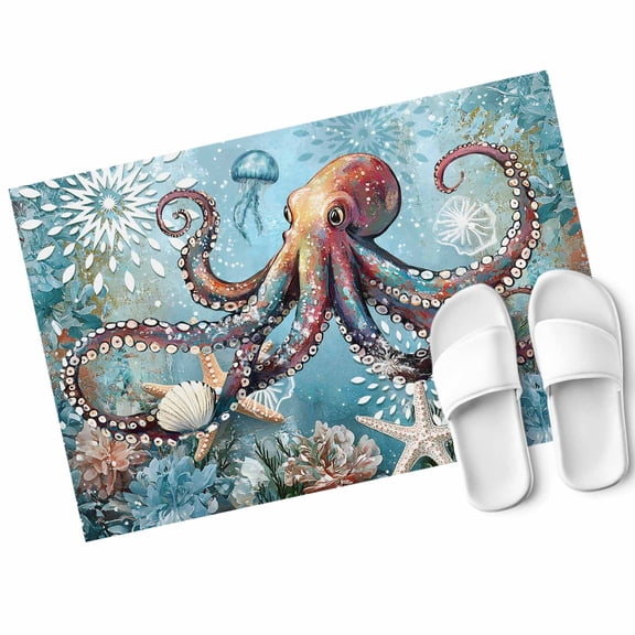 Ocean Octopus Door Mat Sealife Marine Life Blue Coral Non Slip Absorbent Entrance Mat Washable Low Profile Indoor Doormat for Front Door Entryway Entry 18"x30"