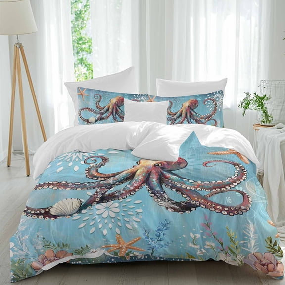 Ocean Octopus Duvet Cover Set King Size, Starfish Undersea Nautical Blue Vintage 4 Piece Soft Microfiber Bedding Set with 1 Duvet Cover, 1 Flat Sheet, 2 Pillowcases