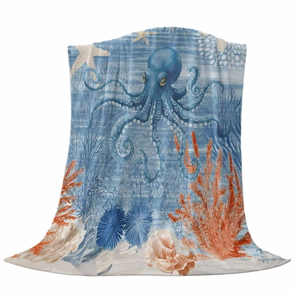 Ocean Octopus Fleece Throw Blanket Summer Orange Blue Sea Animal Corals Shells Texture Ultra Soft Fuzzy Cozy Flannel Throw Blanket for Couch Sofa Bed Car Travel, Ideal Gifts 40x50 Inches