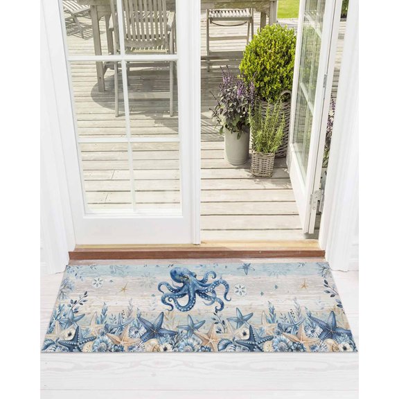 Ocean Octopus Front Door Mat Blue Yellow Sea Star Shell Coral Blue Yellow Stripes Welcome Doormat Indoor Outdoor Entrance Floor Mat Non-Slip Washable Runner Rug for Front Porch Decor 18x60 Inch