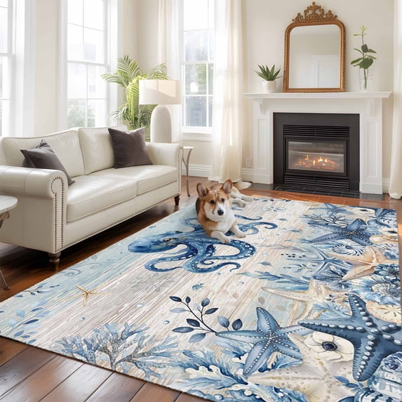 Ocean Octopus Large Area Rugs 6x9 ft Blue Yellow Sea Star Shell Coral Blue Yellow Stripes Washable Rug Non Slip Indoor Carpet Absorbent Floor Mat for Living Room Bedroom Dining Room
