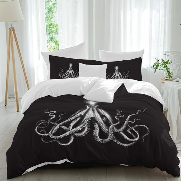 Ocean Octopus Marine Life Queen Size Bed Set,Huge Monster on Black Bedding for All Seasons,4 Pcs Bed Set,1 Quiltcover (90"x92"),1 Sheet(94"x116"),2 Pillowcases (30"x20")