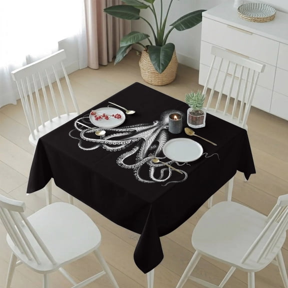 Ocean Octopus Marine Life Table Cloth 54x54in, Waterproof Square Tablecloth Wipeable Tablecloths Huge Monster on Black Table Covers for Dining Tables Party Indoor Outdoor