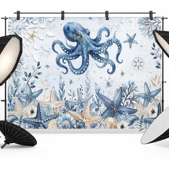 Ocean Octopus Photography Backdrop 10x8FT, Blue Yellow Sea Star Shell Coral Blue Photo Backdrops, Background for Photography Studio Photo Studio Background, Back Drop for Photoshoot