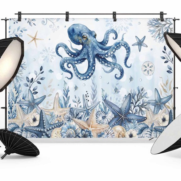 Ocean Octopus Photography Backdrop 8x6FT, Blue Yellow Sea Star Shell Coral Gradient Blue Photo Backdrops, Background for Photography Studio Photo Studio Background, Back Drop for Photoshoot