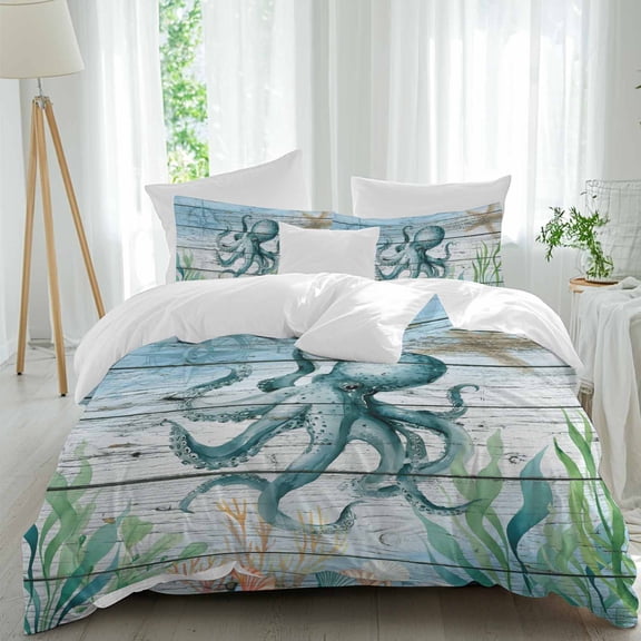 Ocean Octopus Queen Size Comforter Set, Coral Starfish Vintage Wood Texture Bedding for All Seasons, 4 Pcs Bed Set, 1Quiltcover (90"x92") ,1Sheet(94"x116"), 2Pillowcases (30"x20")