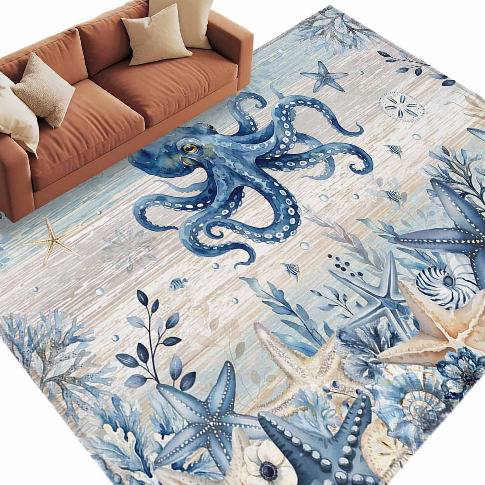 Ocean Octopus Rectangle Area Rug 5x7 ft Blue Yellow Sea Star Shell ...