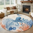 thumbnail image 1 of Ocean Octopus Round Living Room Rugs 5 ft, Summer Orange Blue Sea Animal Corals Retro Linen Washable Area Rug with Non-Slip Sturdy Edge Binding Round Carpet for Entryway Kitchen Bedroom Bathroom, 1 of 9