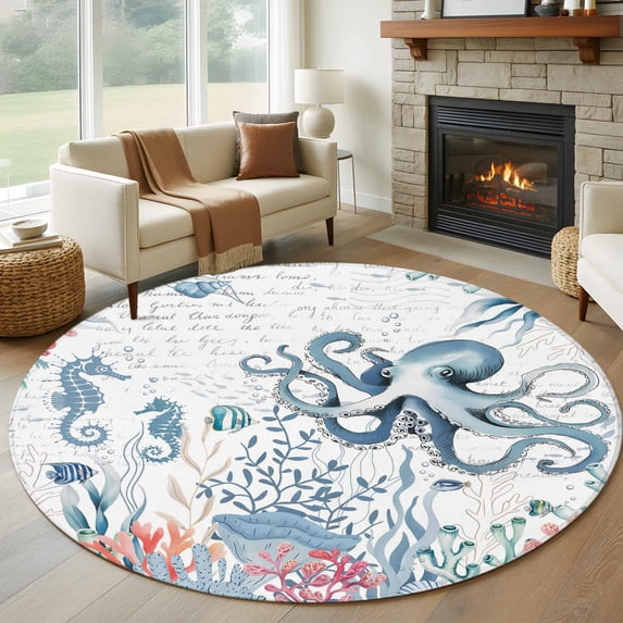 Ocean Octopus Round Living Room Rugs 6 ft, Watercolor Fish Sea Horse Coral White Letter Texture Washable Area Rug with Non-Slip Sturdy Edge Binding Round Carpet for Kitchen Office Bedroom