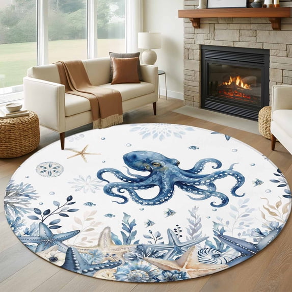 Ocean Octopus Round Living Room Rugs 7 ft, Blue Yellow Sea Star Shell Coral Washable Area Rug with Non-Slip Sturdy Edge Binding Round Carpet for Kitchen Office Bedroom