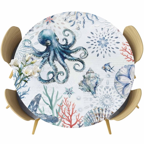 Ocean Octopus Round Tablecloth, Fitted Table Cover with Elastic for 55"-60" Round Tables, Summer Coastal Coral Flower Shells Table Cloth Outdoor Indoor Dinning Party Waterproof Tablecloths