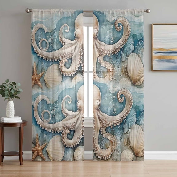 Ocean Octopus Sheer Curtains 63 Inch Length 2 Panels Set, Coastal Shell Watercolor Nautical Voile Window Treatment Rod Pocket Curtains Sheers Drapes for Bedroom/Living Room/Kitchen 52x"63"x2
